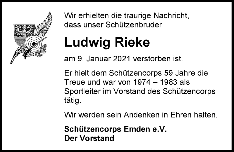  Traueranzeige für Ludwig Rieke vom 12.01.2021 aus Emder Zeitung