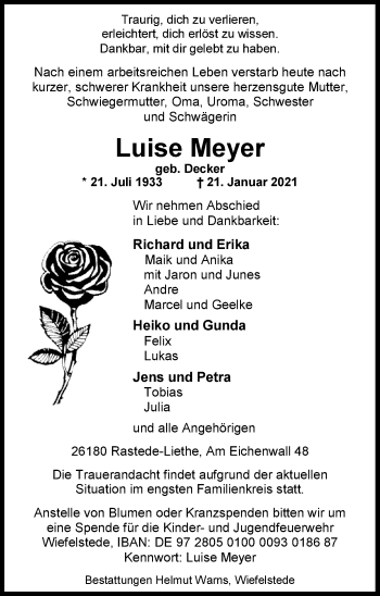 Traueranzeige von Luise Meyer von Nordwest-Zeitung