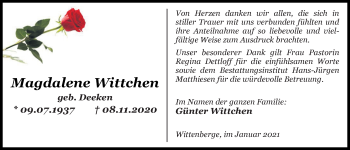 Traueranzeige von Magdalene Wittchen von Nordwest-Zeitung