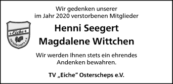 Traueranzeige von Magdalene Wittchen von Nordwest-Zeitung