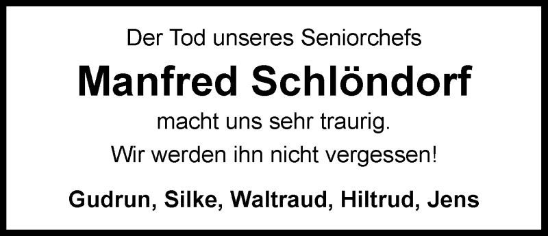  Traueranzeige für Manfred Schlöndorf vom 27.01.2021 aus Nordwest-Zeitung
