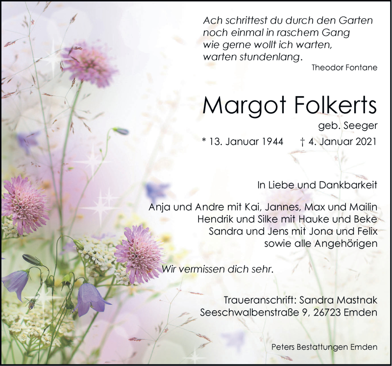  Traueranzeige für Margot Folkerts vom 06.01.2021 aus Emder Zeitung