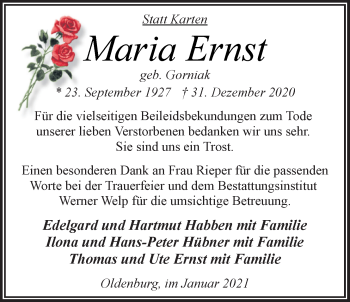 Traueranzeige von Maria Ernst von Nordwest-Zeitung