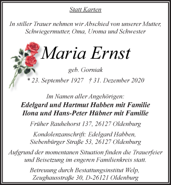 Traueranzeige von Maria Ernst von Nordwest-Zeitung