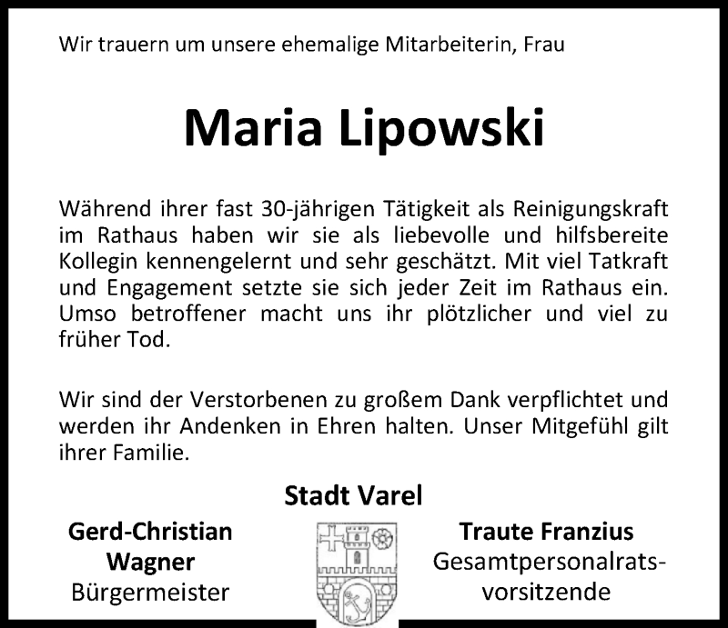  Traueranzeige für Maria Lipowski vom 19.01.2021 aus Nordwest-Zeitung