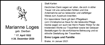 Traueranzeige von Marianne Loges von Nordwest-Zeitung