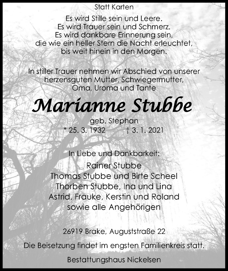  Traueranzeige für Marianne Stubbe vom 09.01.2021 aus Nordwest-Zeitung