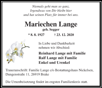 Traueranzeige von Mariechen Lange von Nordwest-Zeitung