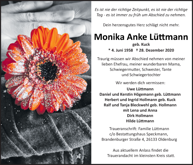  Traueranzeige für Monika Anke Lüttmann vom 05.01.2021 aus Nordwest-Zeitung