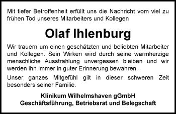 Traueranzeige von Olaf Ihlenburg von Nordwest-Zeitung