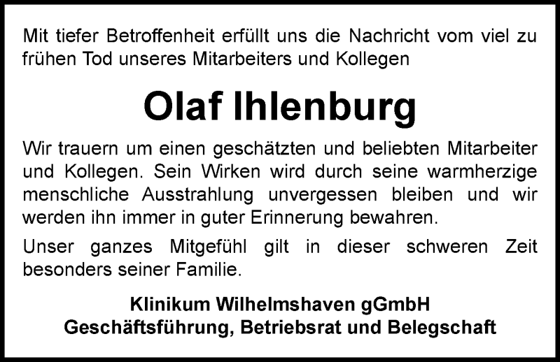  Traueranzeige für Olaf Ihlenburg vom 09.01.2021 aus Nordwest-Zeitung