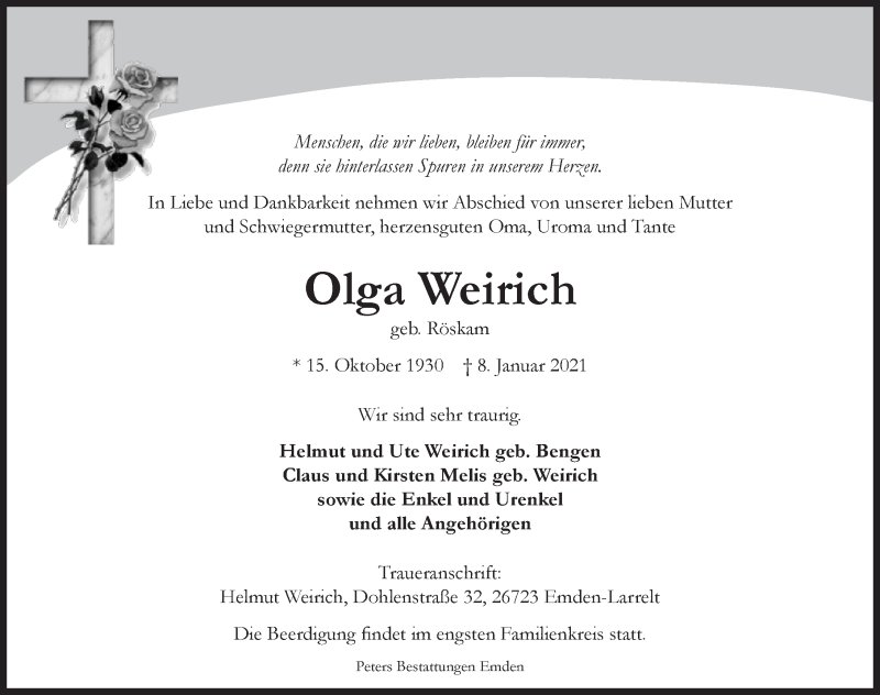  Traueranzeige für Olga Weirich vom 09.01.2021 aus Emder Zeitung