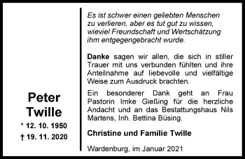 Traueranzeige von Peter Twille von Nordwest-Zeitung