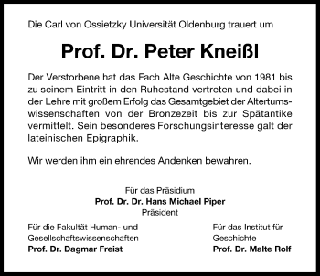 Traueranzeige von Prof. Dr. Peter Kneißl von Nordwest-Zeitung