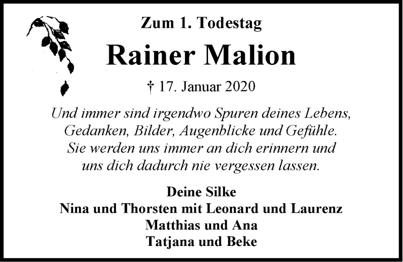  Traueranzeige für Rainer Malion vom 16.01.2021 aus Emder Zeitung