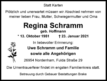 Traueranzeige von Regina Schramm von Nordwest-Zeitung