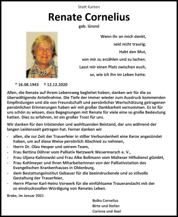 Traueranzeige von Renate Cornelius von Nordwest-Zeitung