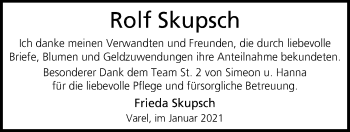 Traueranzeige von Rolf Skupsch von Nordwest-Zeitung