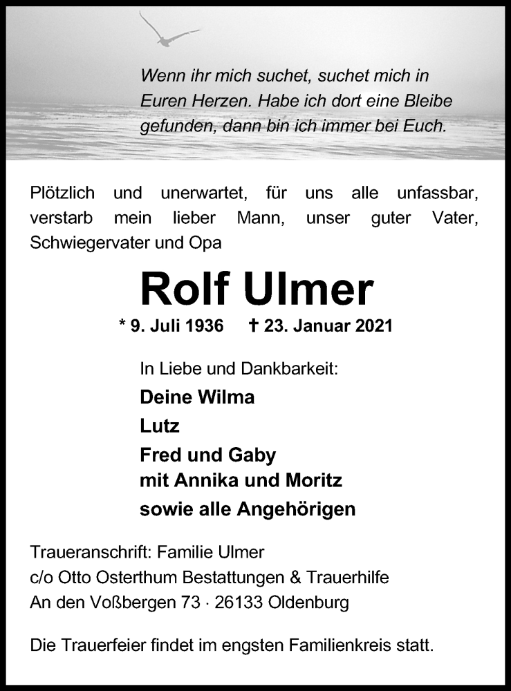  Traueranzeige für Rolf Ulmer vom 27.01.2021 aus Nordwest-Zeitung