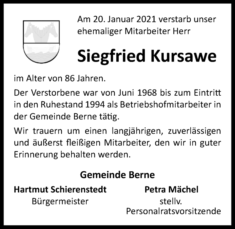  Traueranzeige für Siegfried Kursawe vom 27.01.2021 aus Nordwest-Zeitung