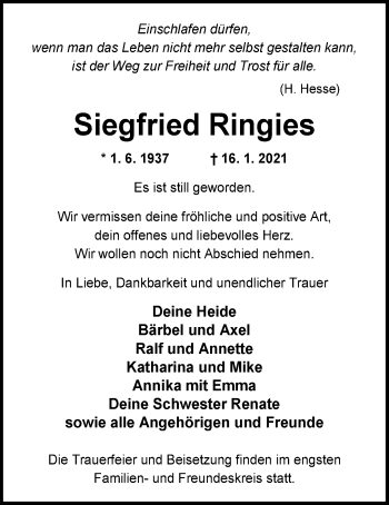 Traueranzeige von Siegfried Ringies von Nordwest-Zeitung