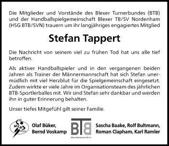 Traueranzeige von Stefan Tappert von Nordwest-Zeitung