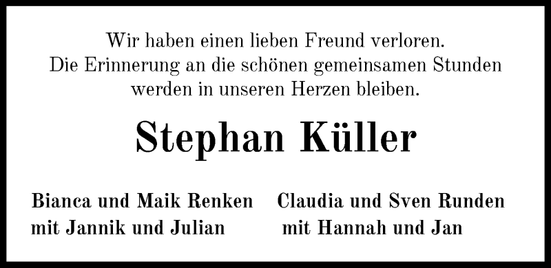  Traueranzeige für Stephan Küller vom 30.01.2021 aus Nordwest-Zeitung