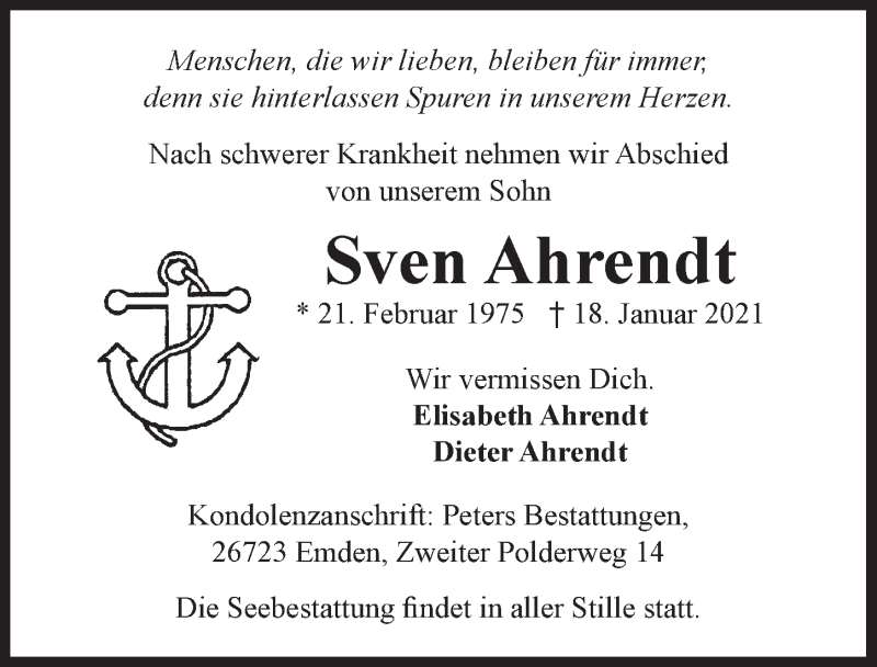  Traueranzeige für Sven Ahrendt vom 23.01.2021 aus Emder Zeitung