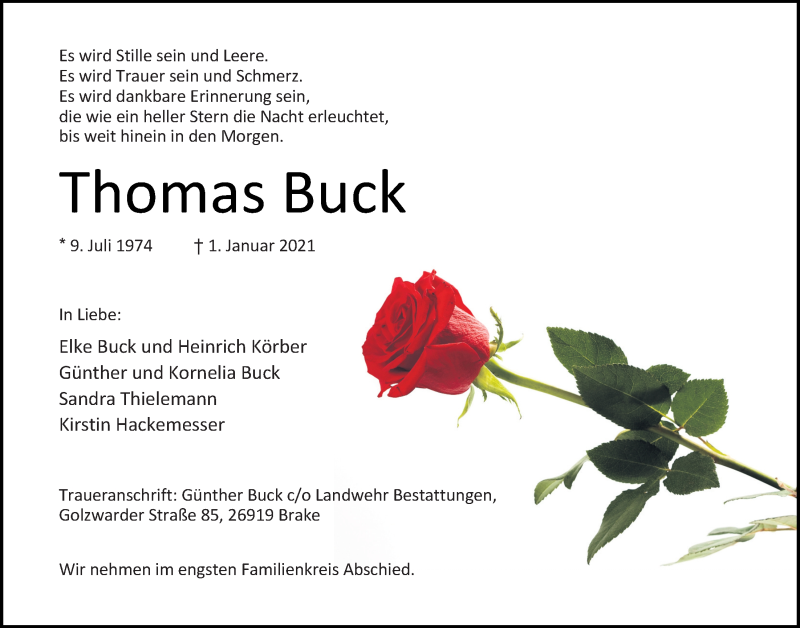  Traueranzeige für Thomas Buck vom 06.01.2021 aus Nordwest-Zeitung