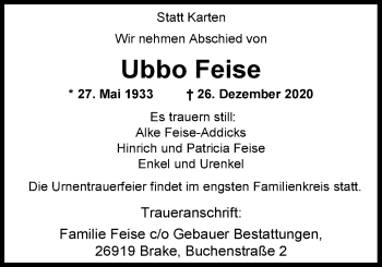 Traueranzeige von Ubbo Feise von Nordwest-Zeitung