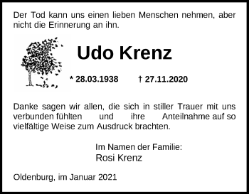 Traueranzeige von Udo Krenz von Nordwest-Zeitung