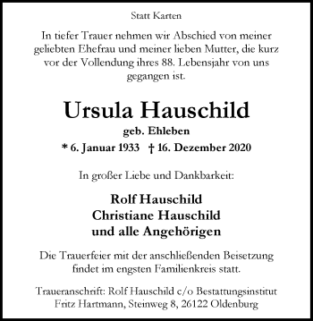 Traueranzeige von Ursula Hauschild von Nordwest-Zeitung