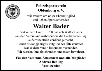 Traueranzeige von Walter Bader von Nordwest-Zeitung