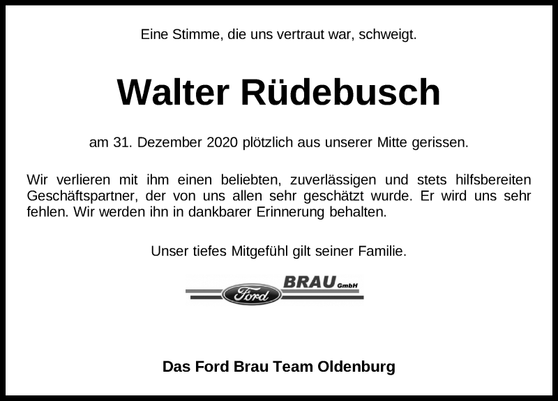  Traueranzeige für Walter Rüdebusch vom 09.01.2021 aus Nordwest-Zeitung
