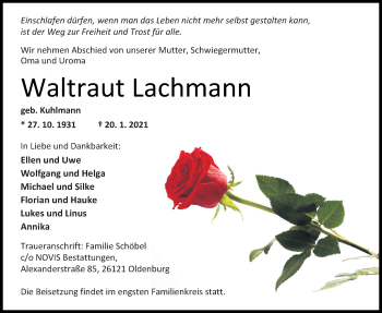 Traueranzeige von Waltraut Lachmann von Nordwest-Zeitung