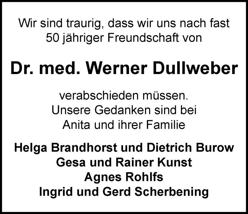  Traueranzeige für Werner Dullweber vom 16.01.2021 aus Nordwest-Zeitung