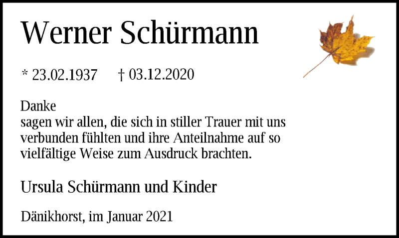  Traueranzeige für Werner Schürmann vom 23.01.2021 aus Nordwest-Zeitung
