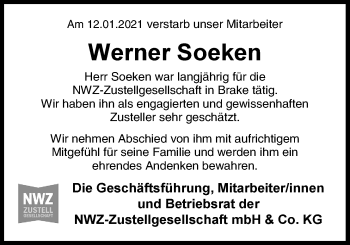 Traueranzeige von Werner Soeken von Nordwest-Zeitung