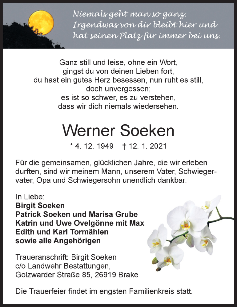  Traueranzeige für Werner Soeken vom 15.01.2021 aus Nordwest-Zeitung