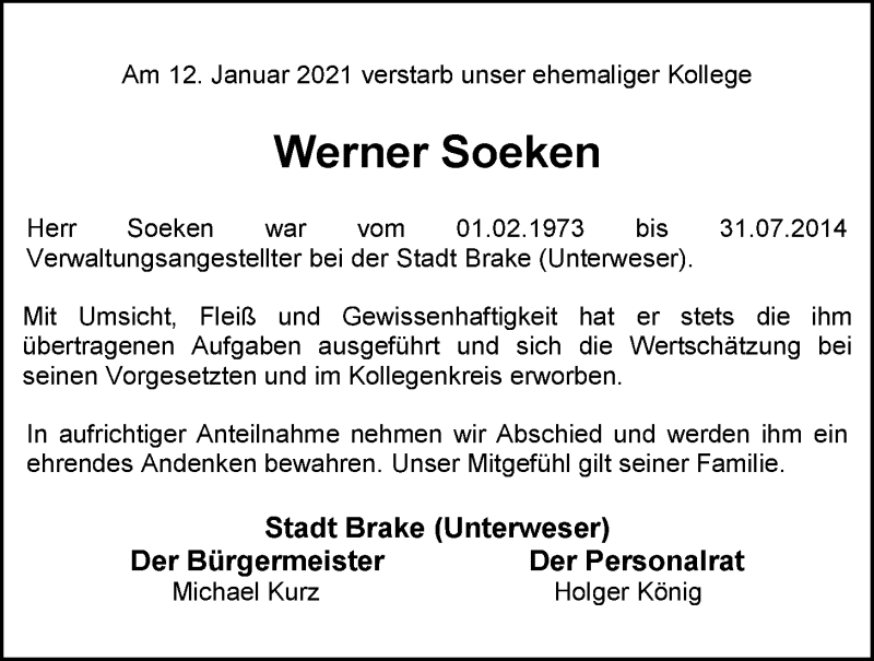  Traueranzeige für Werner Soeken vom 15.01.2021 aus Nordwest-Zeitung