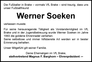 Traueranzeige von Werner Soeken von Nordwest-Zeitung