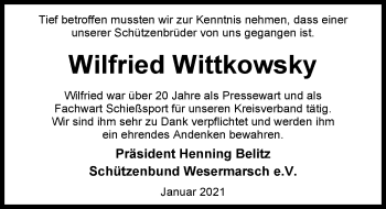 Traueranzeige von Wilfried Wittkowsky von Nordwest-Zeitung