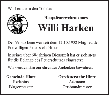 Traueranzeige von Willi Harken von Emder Zeitung