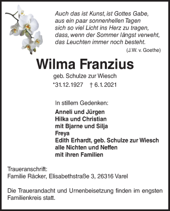 Traueranzeige von Wilma Franzius von Nordwest-Zeitung