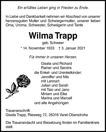 Traueranzeige von Wilma Trapp von Nordwest-Zeitung