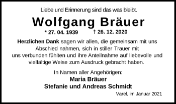 Traueranzeige von Wolfgang Bräuer von Nordwest-Zeitung