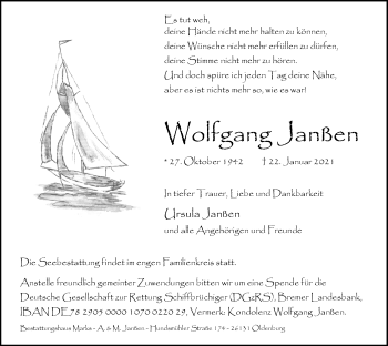 Traueranzeige von Wolfgang Janßen von Nordwest-Zeitung