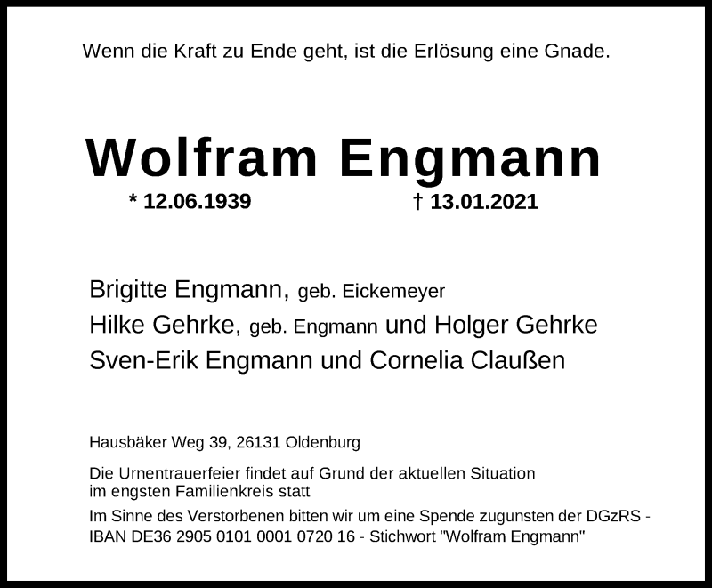  Traueranzeige für Wolfram Engmann vom 16.01.2021 aus Nordwest-Zeitung