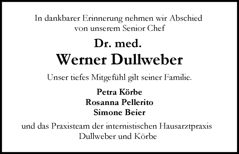  Traueranzeige für Werner Dullweber vom 16.01.2021 aus Nordwest-Zeitung