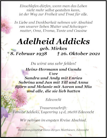 Traueranzeige von Adelheid Addicks von Nordwest-Zeitung